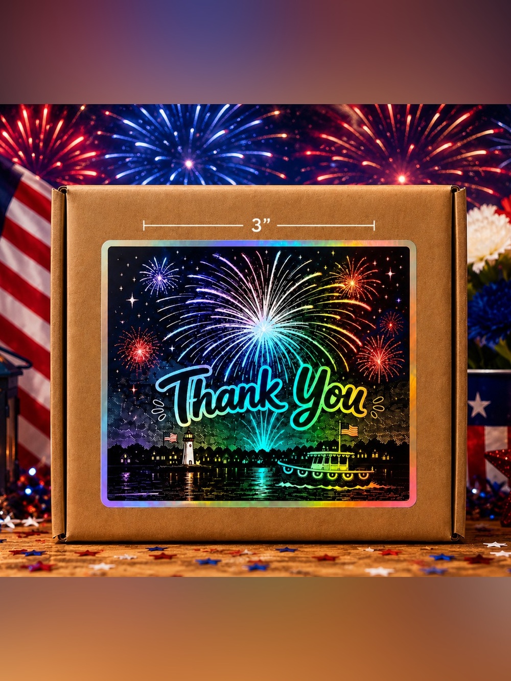 Patriotic Holographic Fireworks Thank You Stickers 3”x3”-100ct. New